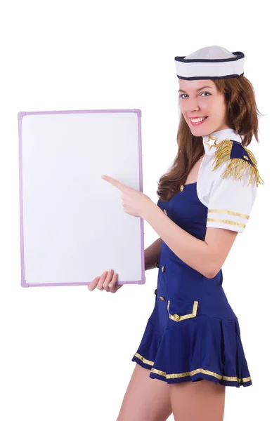 Mujer joven con tablero en blanco sobre blanco — Foto de Stock