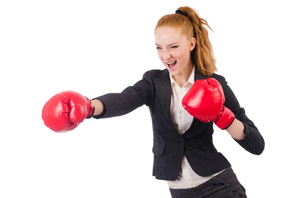 Donna donna d'affari con guanti da boxe su bianco — Foto Stock