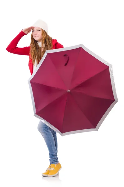 Young woman with umbrella on white — Stock Photo, Image