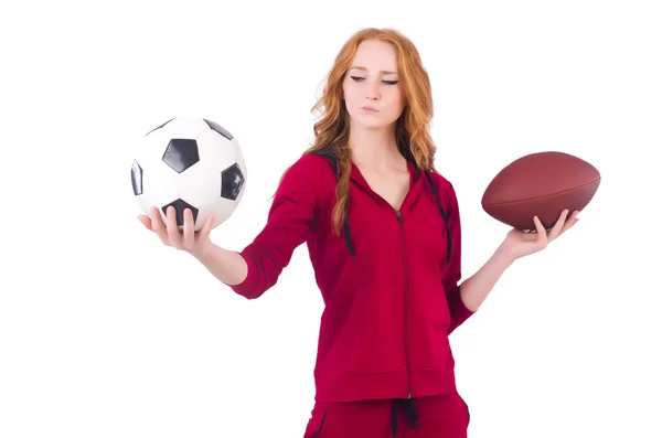 Woman with football on white — Stock Photo, Image