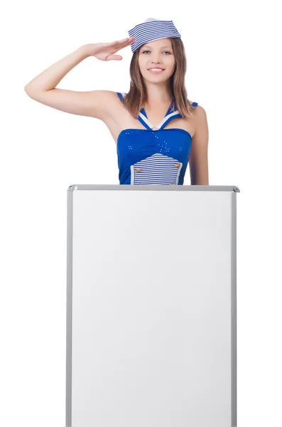 Young woman with blank board on white — Stock Photo, Image