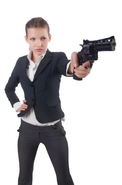 Mujer mujer de negocios con pistola en blanco —  Fotos de Stock