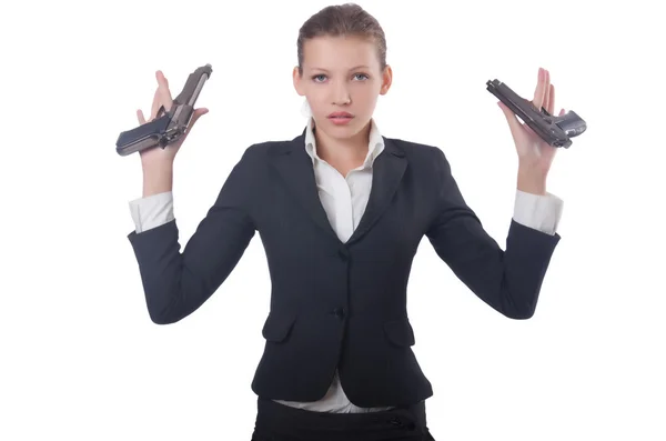 Mujer mujer de negocios con pistola en blanco —  Fotos de Stock