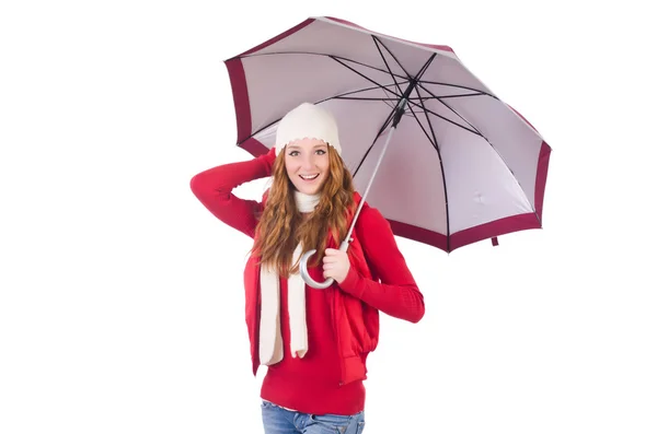 Junge Frau mit Regenschirm auf weißem Grund — Stockfoto