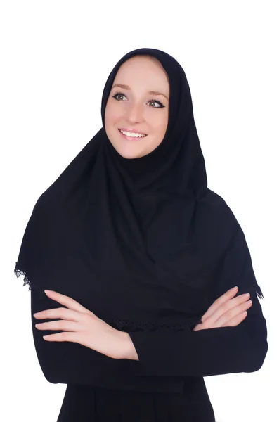 Frau mit muslimischer Burka isoliert auf weiß — Stockfoto