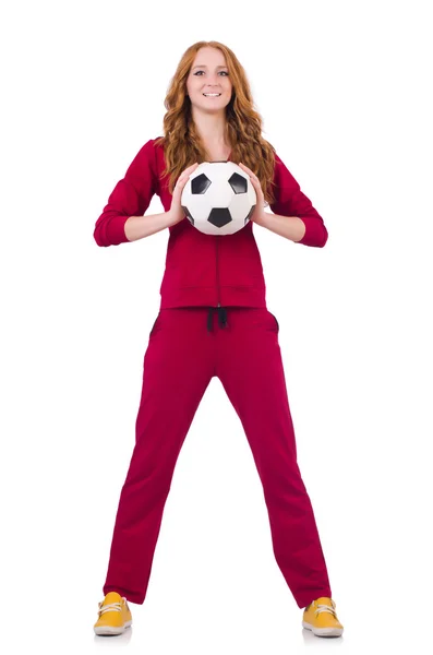 Woman with football on white — Stock Photo, Image