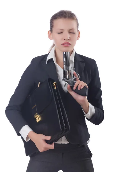 Nő üzletasszony fegyvert, fehér — Stock Fotó