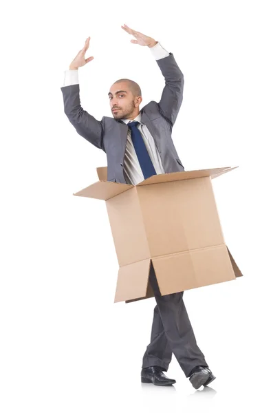 Businessman with box isolated on the white — Stock Photo, Image