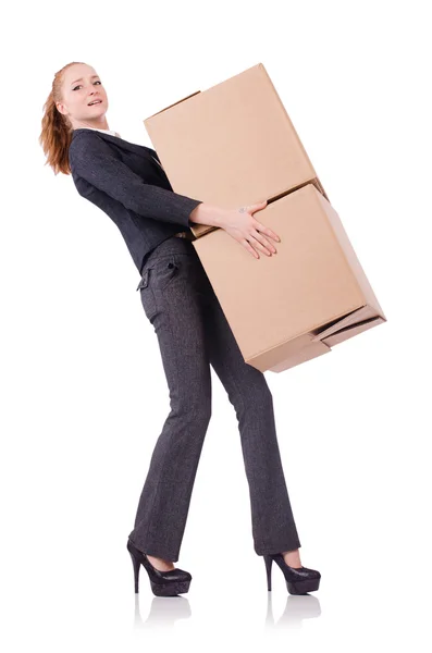 Mujer mujer de negocios con cajas en blanco — Foto de Stock