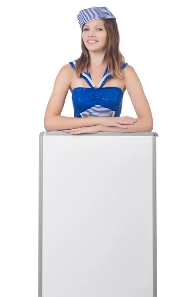 Young woman with blank board on white — Stock Photo, Image