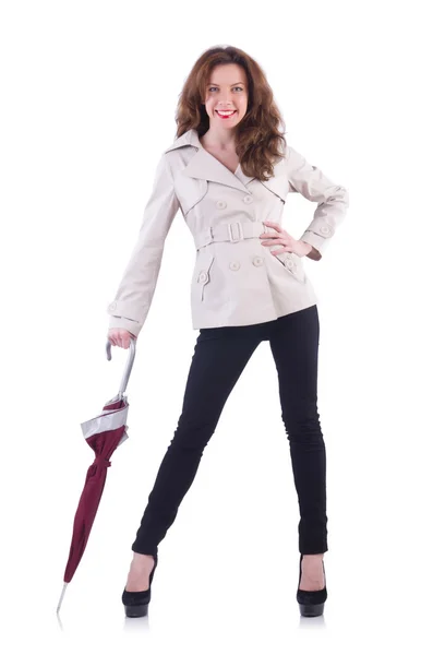 Femme avec parapluie isolé sur blanc — Photo