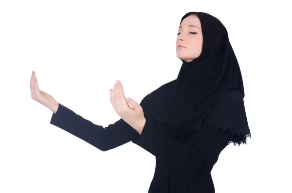 Junge muslimische Frau betet isoliert auf Weiß — Stockfoto