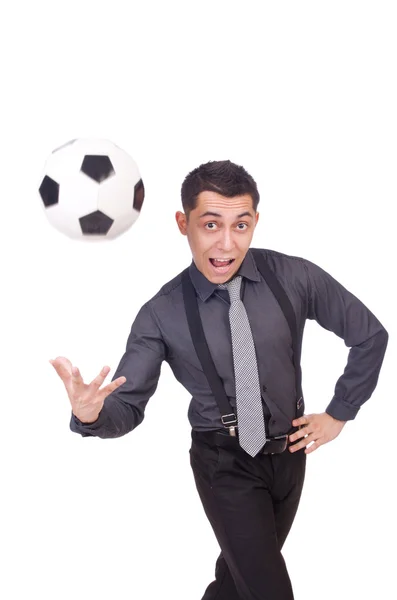 Hombre divertido con fútbol aislado en blanco —  Fotos de Stock