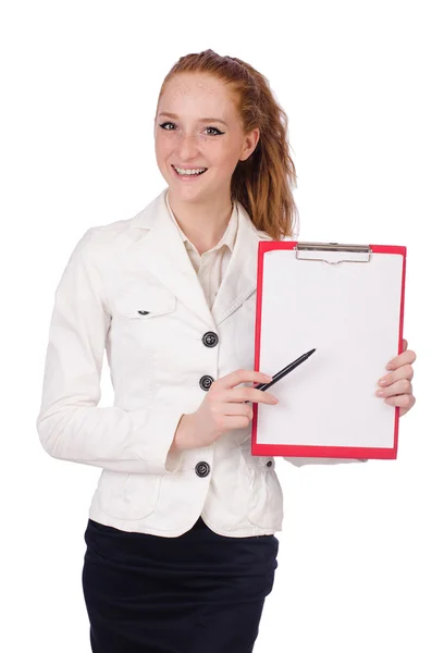 Junge Studentin mit Bindemittel auf weißem Papier — Stockfoto