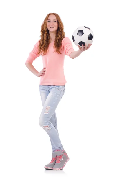 Mulher com futebol no branco — Fotografia de Stock