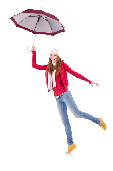 Jovem mulher com guarda-chuva no branco — Fotografia de Stock