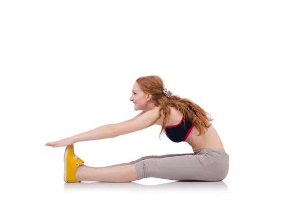 Jonge sportieve vrouw doen oefeningen op wit — Stockfoto