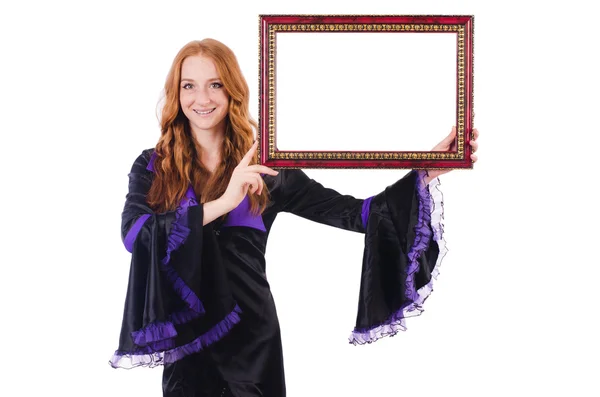 Woman with picture frame on white — Stock Photo, Image