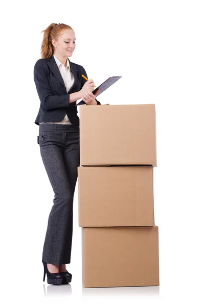 Woman businesswoman with boxes on white — Stock Photo, Image