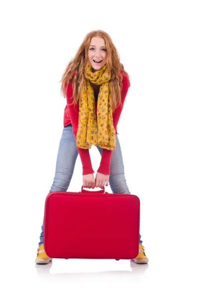 Woman preparing for vacation with suitcase on white — Stock Photo, Image