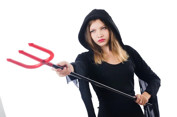 Femme diable avec trident isolé sur blanc — Photo