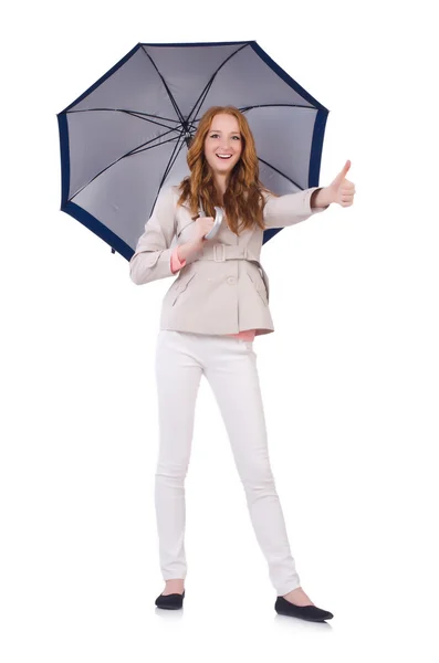 Young woman with umbrella on white — Stock Photo, Image