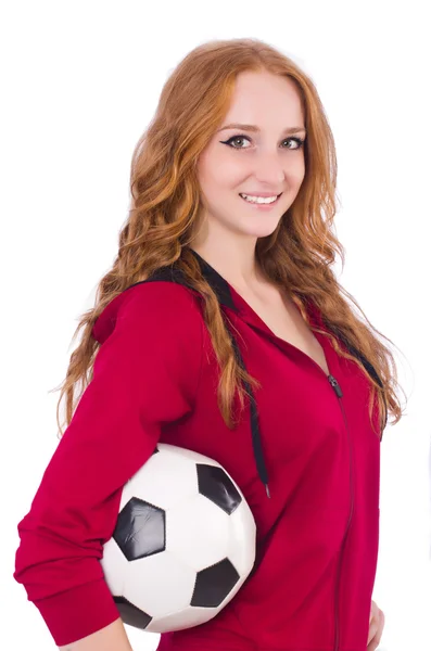 Woman with football on white — Stock Photo, Image