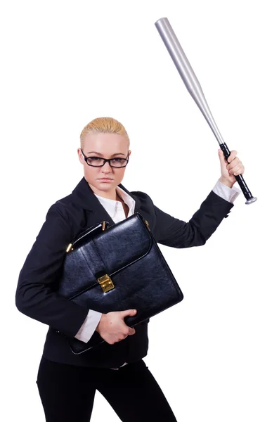 Businesswoman with baseball bat on white — ストック写真