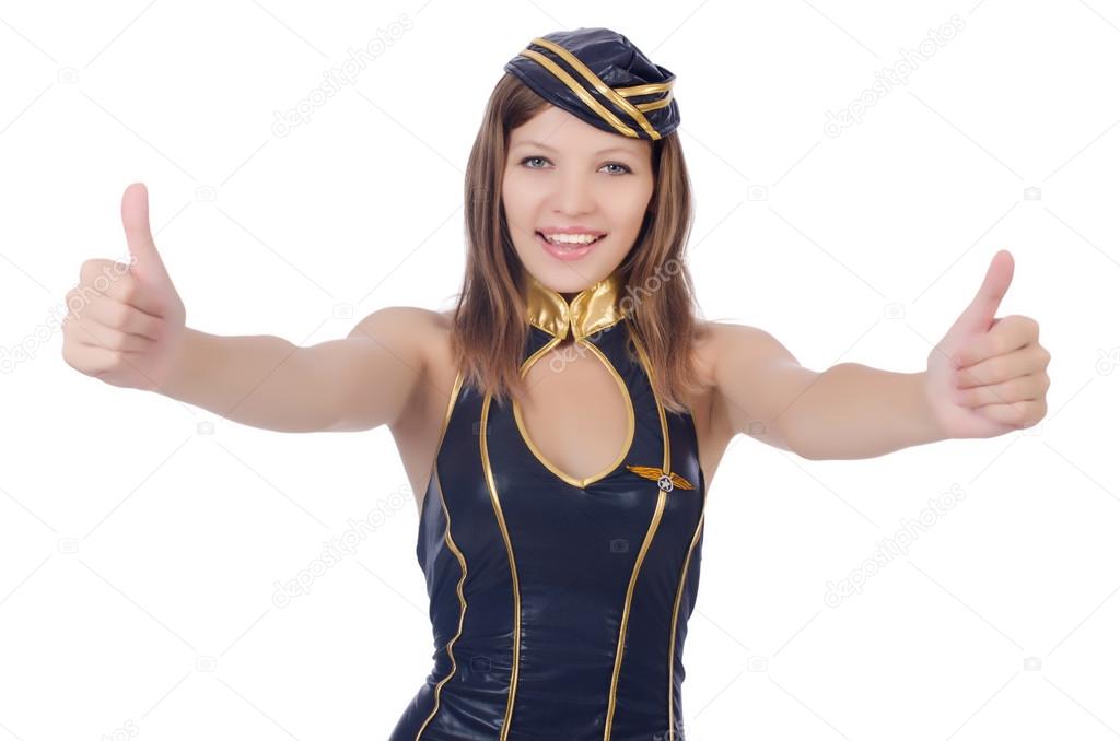 Woman flight attendant with thumb up gesture