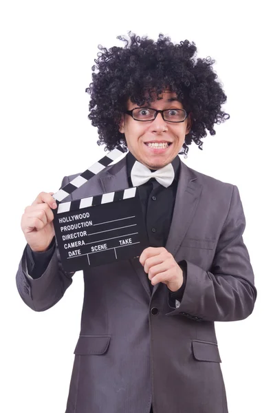 Man met film clapper geïsoleerd op wit — Stockfoto