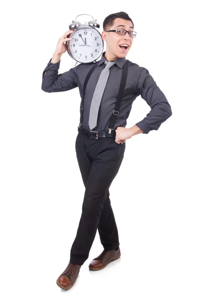 Homme d'affaires drôle avec horloge isolé sur blanc — Photo