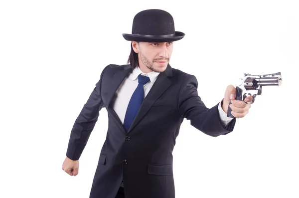 Mann mit Waffe isoliert auf der weißen Seite — Stockfoto