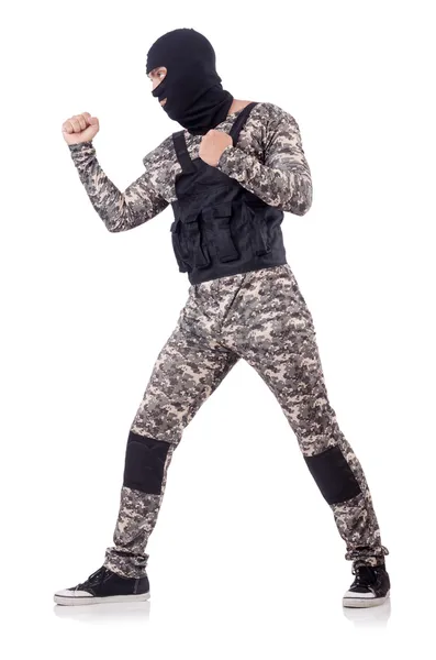 Soldado em camuflagem isolado em branco — Fotografia de Stock