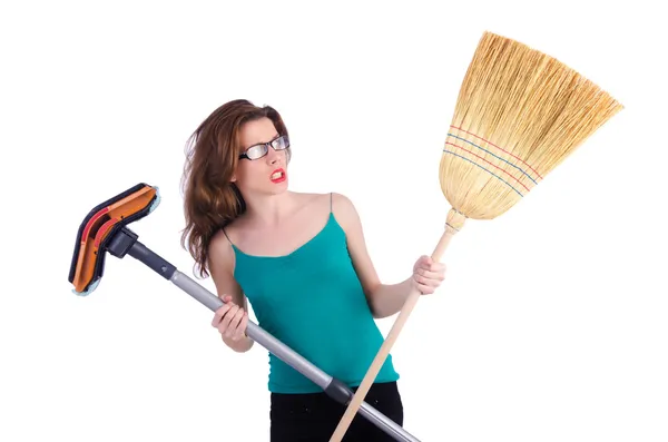 Joven ama de casa haciendo limpieza en blanco — Foto de Stock