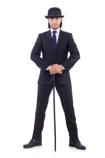 Man dancing with walking stick on white — Stock Photo, Image