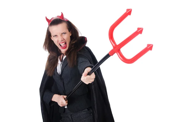 Женщина в костюме дьявола и трезубце — стоковое фото