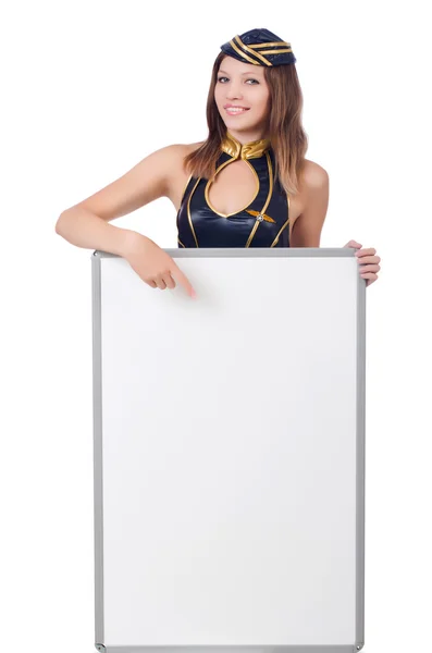 Junge Frau mit blankem Brett auf weißem Grund — Stockfoto