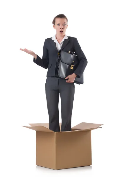 Жінка з коробками на білому — стокове фото