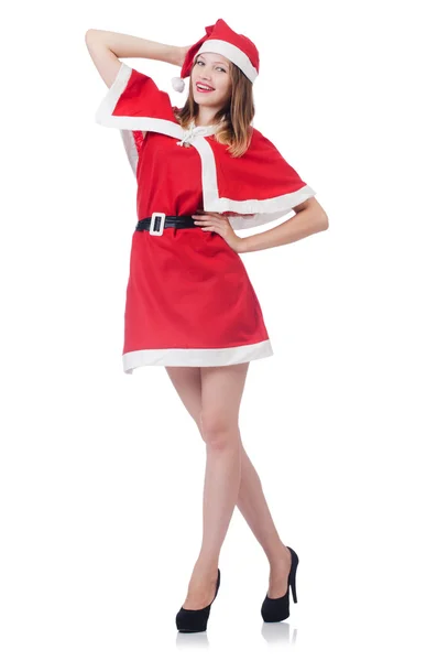 Giovane donna in costume da Babbo Natale rosso su bianco — Foto Stock