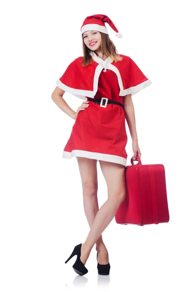 Jeune femme en costume de Père Noël rouge avec valise — Photo