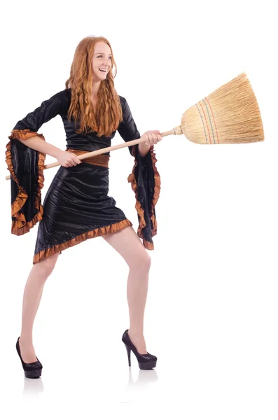 Nice witch with broom on white — Stock Photo, Image