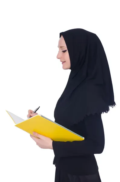 Young muslim student with books on white — Stock Photo, Image