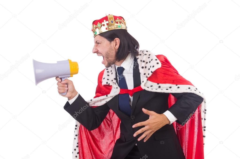 King businessman with loudspeaker isolated on white