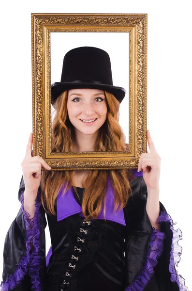 Woman with picture frame on white — Stock Photo, Image