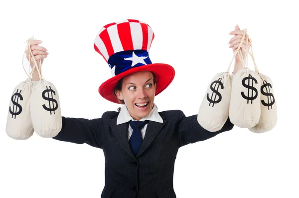 Businesswoman with sacks of money on white — Stock Photo, Image