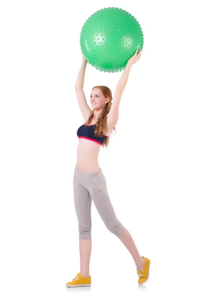 Woman exercising with swiss ball on white — Stock Photo, Image