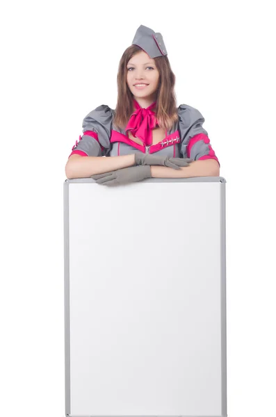 Young woman with blank board on white — Stock Photo, Image