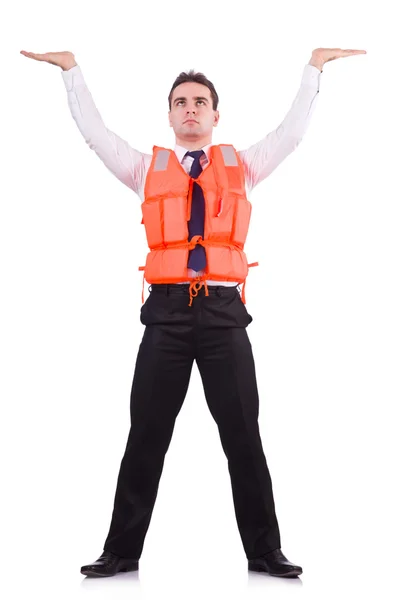 Muž v záchranné vestě izolovaný na bílém — Stock fotografie