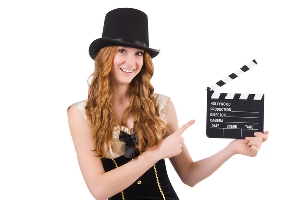 Young woman with movie board on white — Stock Photo, Image