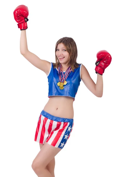 Woman boxer in uniform with US symbols — Stock Photo, Image